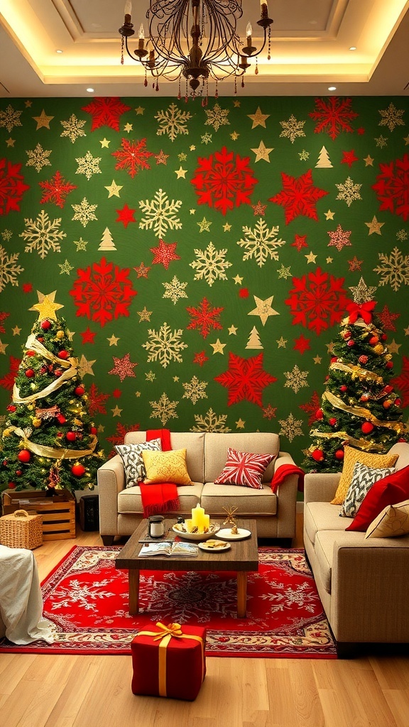 Living room with Christmas wallpaper featuring yatay design, decorated for the holidays.
